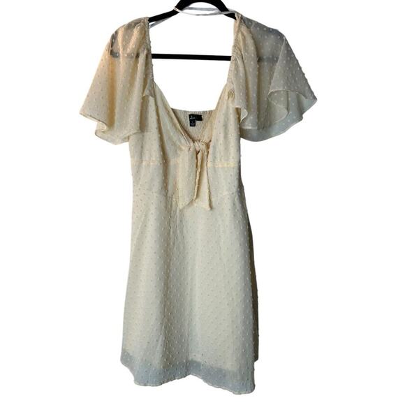Lulus Dress Size Large Be a Dear Tie Front Mini in Cream Smocked Back Swiss Dot - Picture 1 of 14